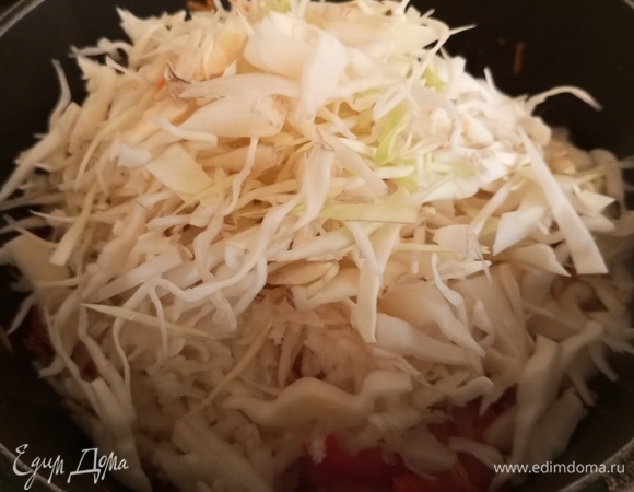 Всыпать нашинкованную капусту, посолить. Тушить под крышкой до полуготовности капусты.