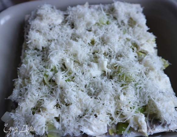 Лук-порей, моцарелла, пармезан. Следующие слои в том же порядке.