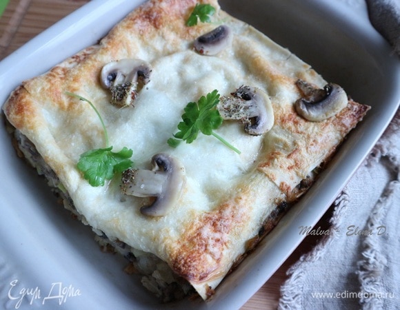 Лазанья готова. Можно ее украсить по своему усмотрению, у меня здесь один нарезанный и обжаренный на сковороде шампиньон, ножка которого посыпана итальянскими травами.