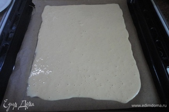 Выстилаем небольшой противень размером приблизительно 25 см на 30 см пекарской бумагой. Выкладываем на противень тесто, оно не должно растекаться.