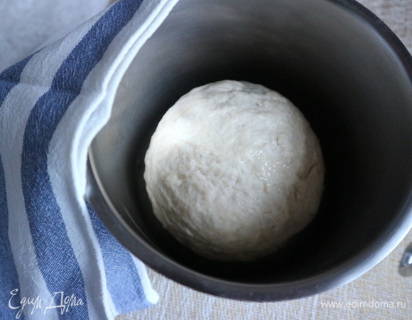 Скатать шар. Поместить в сотейник, смазанный оливковым маслом, на 30–40 минут, накрыть полотенцем. В тесте должна развиться клейковина.