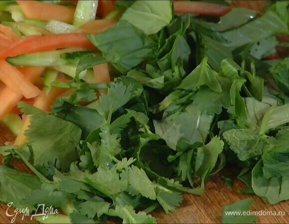 Листья кинзы, мяты и базилика крупно порезать.