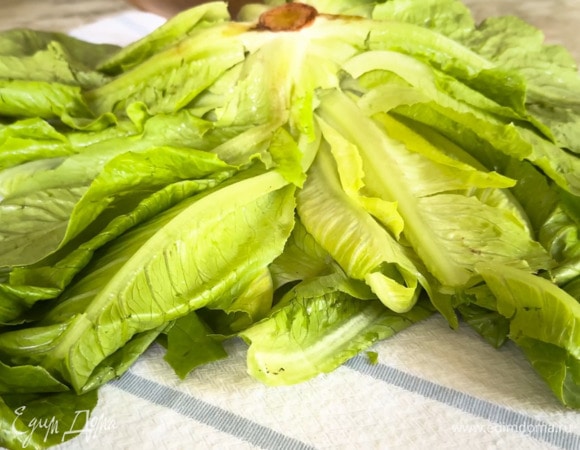 Листья салата вымыть и просушить на полотенце, затем порвать руками в миску с заправкой.