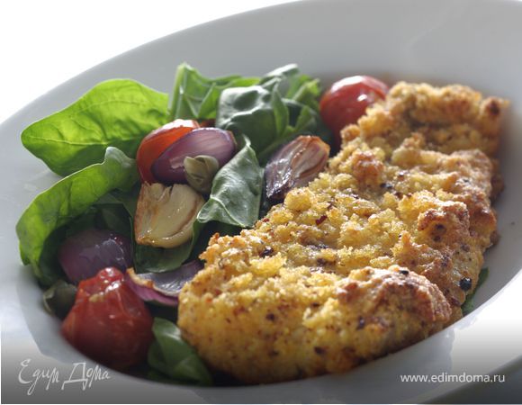 Рыба в панировке с теплым салатом из помидоров Рыба в панировке с теплым салатом из помидоров