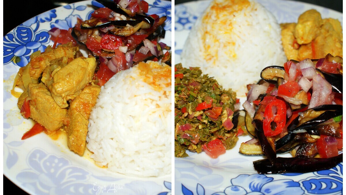 Биф-карри,рис,кудрявая петрушка,салат из баклажан