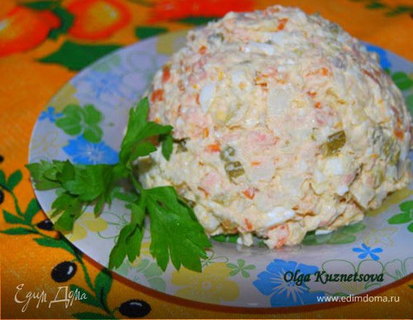 Салат оливье "Рыбный" с копченой горбушей 