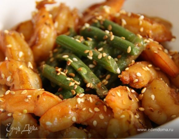 Зелёная фасоль с тахини и креветками Зелёная фасоль с тахини и креветками