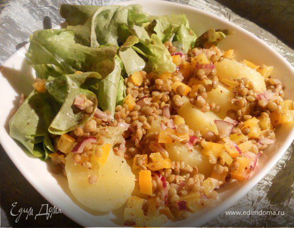 Теплый картофельный салат с  чечевицей