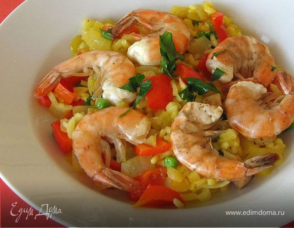 Паэлья с копченой ветчиной и креветками