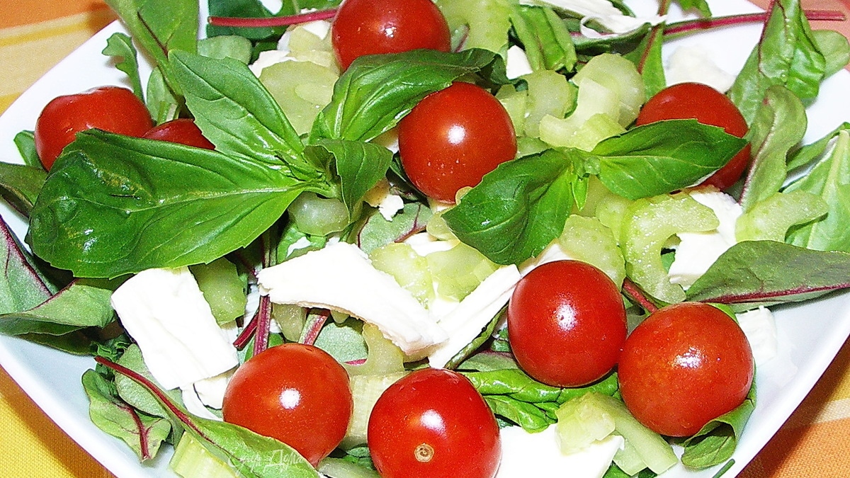 Овощной салат с базиликом и моцареллой