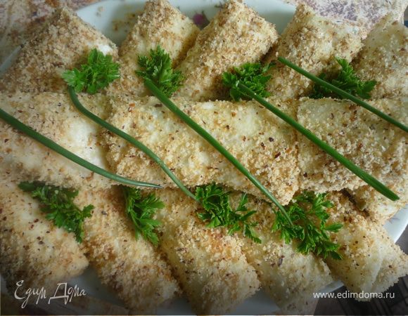 Закусочные рулетики с рыбой в ореховой панировке Закусочные рулетики с рыбой в ореховой панировке