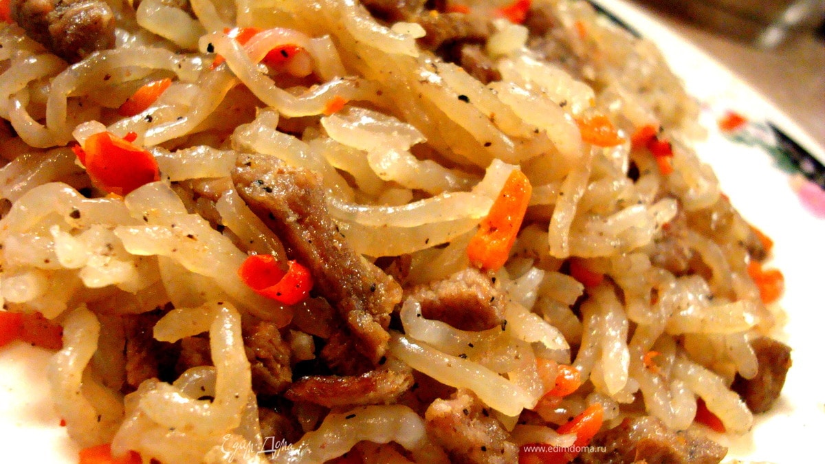 Чапче – крахмальная лапша с овощами и говядиной. Рецепт №4. Корея.