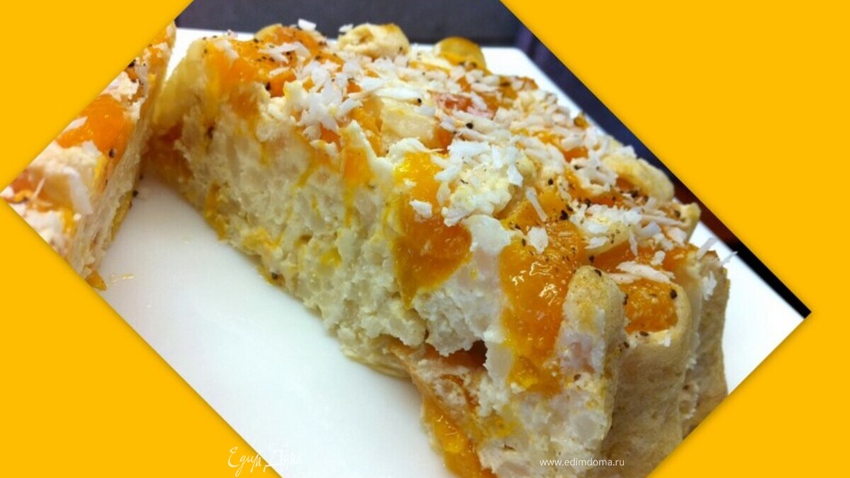 Творожно-рисовый десерт с персиками