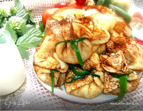 Блинные  мешочки с мясом и грибами