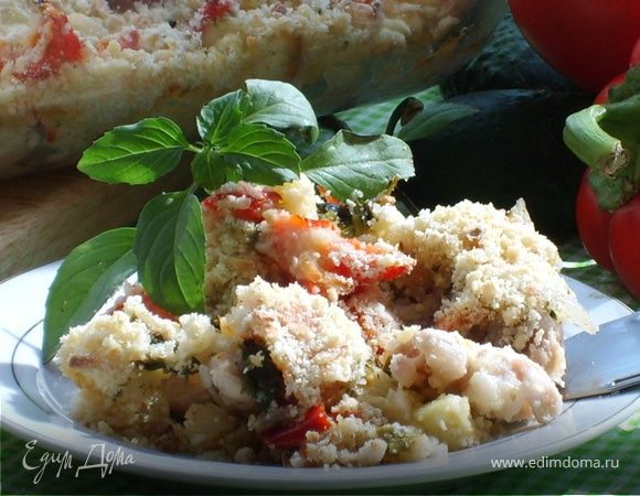 Кунжутный крамбл с курицей и кабачками в сливочном соусе для Вениамина