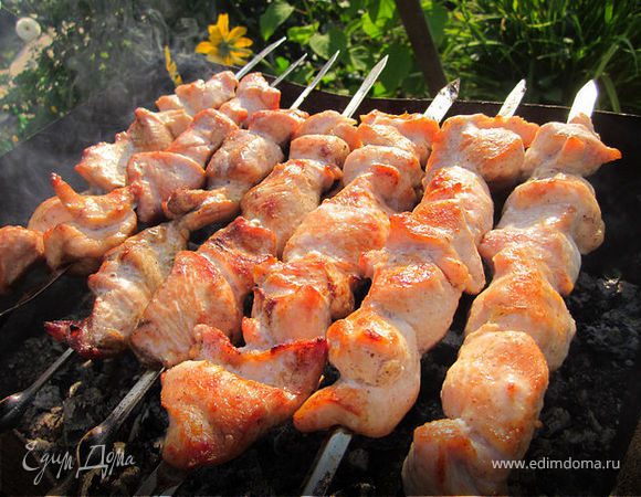 Шашлык из индейки с салатом из красного лука и помидоров