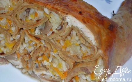 Рецепт Курица фаршированная печеночными блинами с рисом и грибами