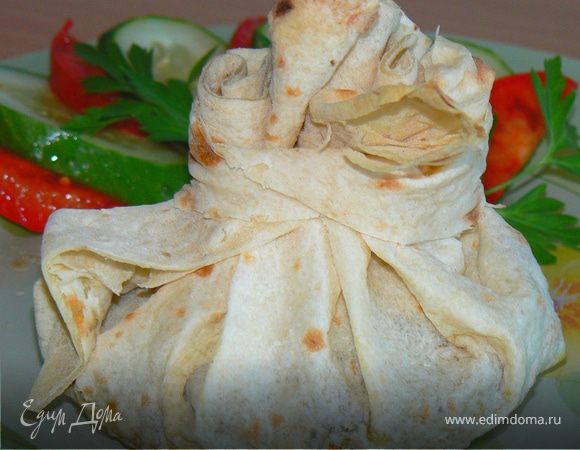 "Узелок" с куриными желудочками и баклажанами