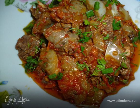 Куриная печень с белыми баклажанами.