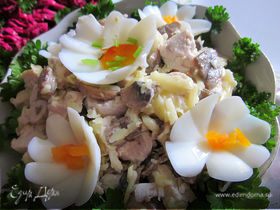 простенький салат: грибы+курица+сыр