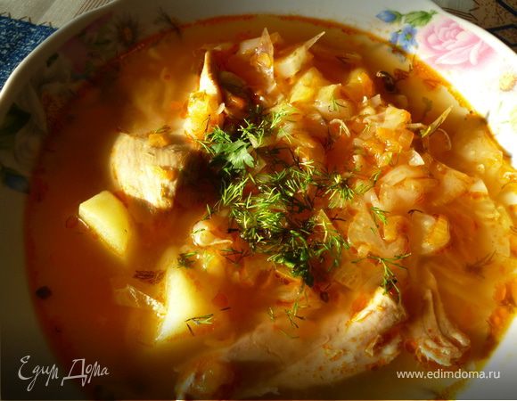 Щи из свежей капусты с солеными помидорами.