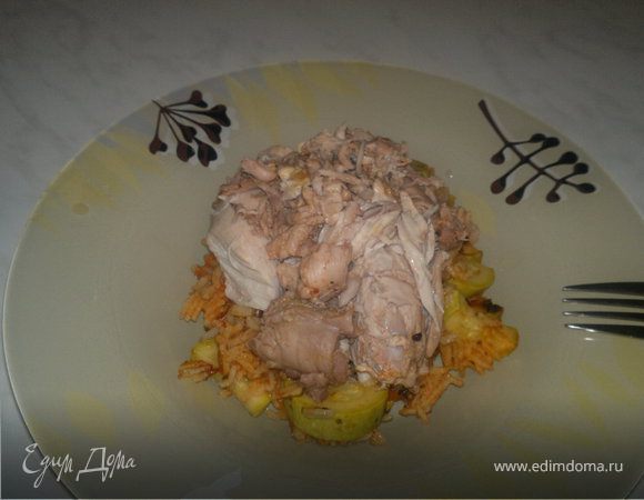 Упрощенный ризотто в томате с кабачком, чесноком и имбирем + отварной кролик. Упрощенный ризотто в томате с кабачком, чесноком и имбирем + отварной кролик.