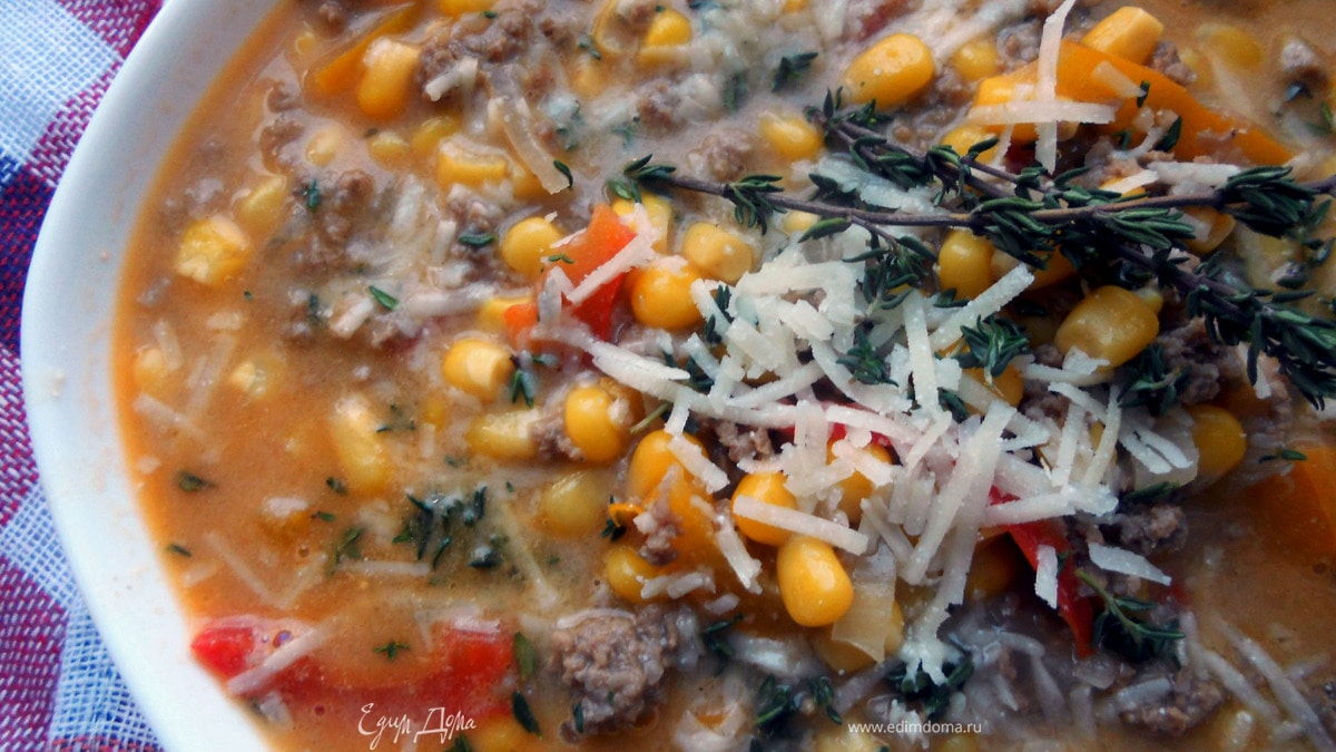 Суп с фаршем, сладким перцем, кукурузой и дижонской горчицей