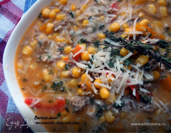 Суп с фаршем, сладким перцем, кукурузой и дижонской горчицей