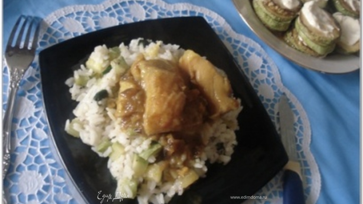 Рыба под манговым соусом и рис с черемшой