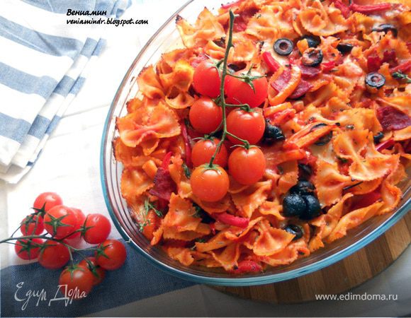 Паста, запеченная с острой колбасой, томатами и моцареллой Паста, запеченная с острой колбасой, томатами и моцареллой