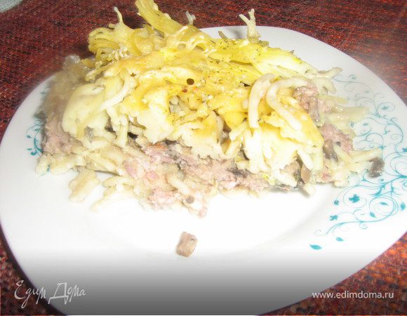 Запеканка из спагетти с бараниной и грибами