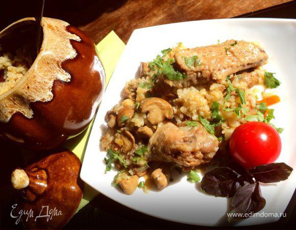 Курица с рисом и грибами в горшочке Курица с рисом и грибами в горшочке