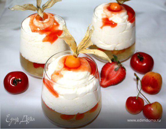 Винное желе с нежным рисовым муссом и томатно-ягодным соусом