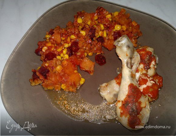 Куриные голени из духовки, чечевичное рагу с тыквой, кукурузой и свеклой Куриные голени из духовки, чечевичное рагу с тыквой, кукурузой и свеклой