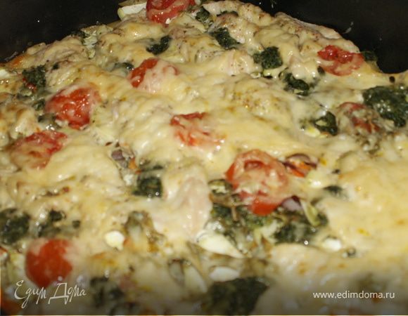 Курица, запеченная с макаронами и овощами