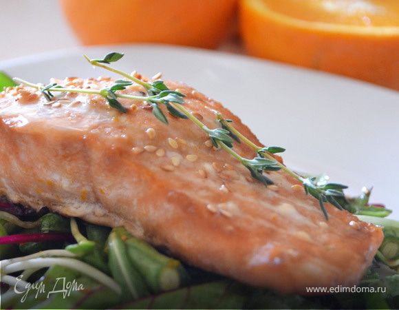 Лосось в апельсиновом соусе на подушке из свежей зелени Лосось в апельсиновом соусе на подушке из свежей зелени