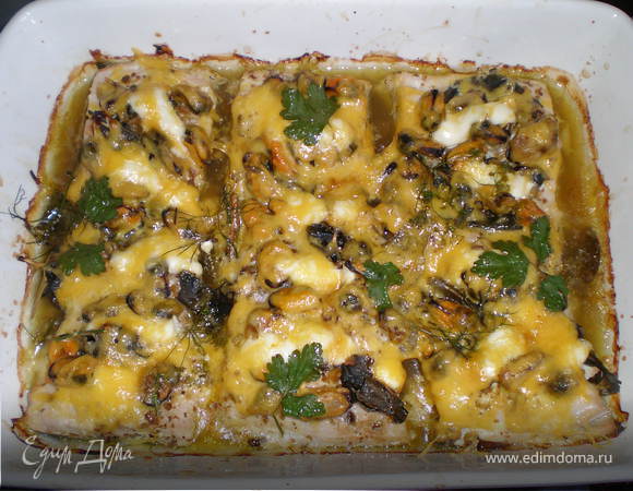 Рыба, запеченная с мидиями Рыба, запеченная с мидиями