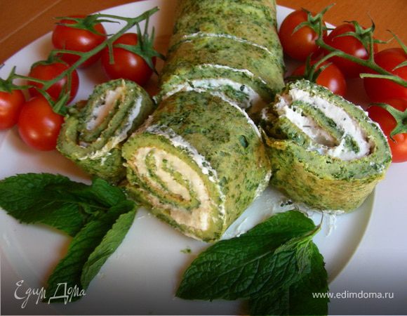 Яичный рулет с начинкой из козьего сыра и мяты