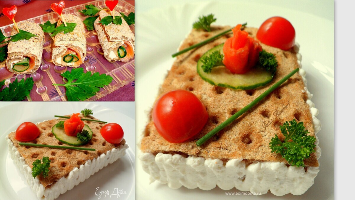 Рулетики из криспов и закусочный мини-торт с семгой