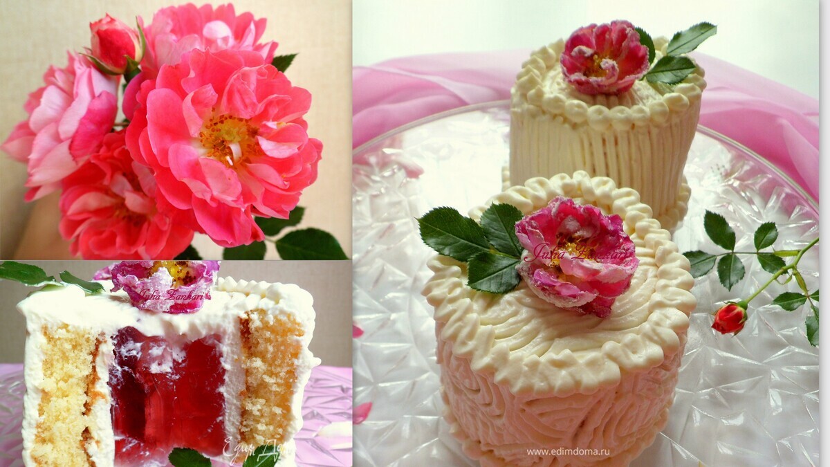 Мини-торты с розами, малиновым желе и сливочным кремом