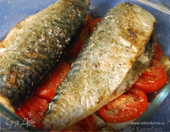Скумбрия на помидорах с луком
