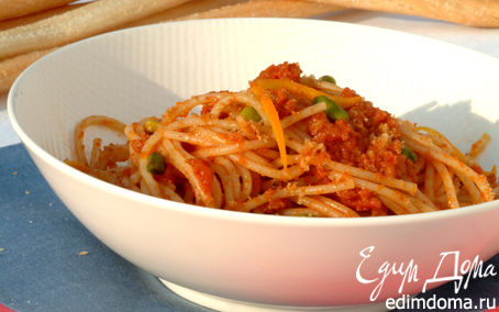 Рецепт Спагетти с вялеными помидорами, апельсиновой цедрой и панировочными сухарями