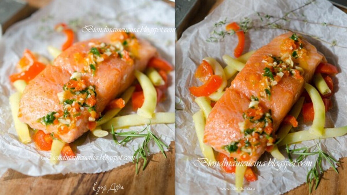 Томленый лосось на подушке из овощей с соусом из апельсина и паприки