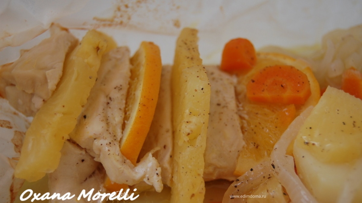 Куриные грудки с ананасом и апельсином в кулечках