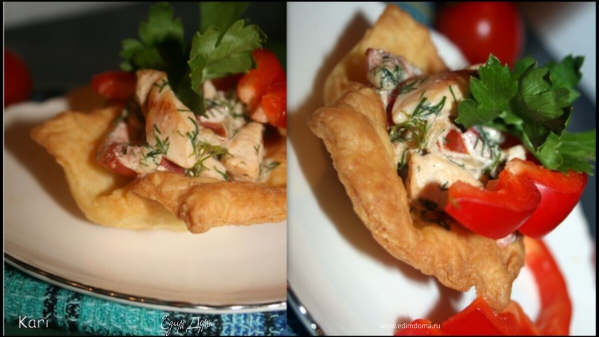 Хрустящие корзиночки с курицей из домашнего слоеного теста