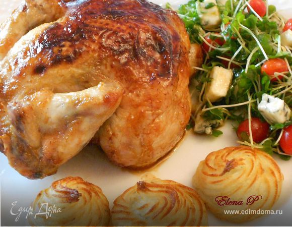 Цыпленок в глазури с картофельными "розочками" Цыпленок в глазури с картофельными "розочками"