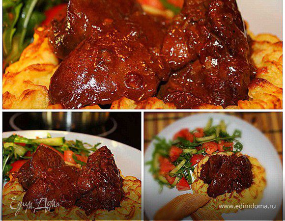 Печень индейки в сливочно-медовом соусе в корзинке из пюре Печень индейки в сливочно-медовом соусе в корзинке из пюре