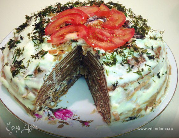 Печеночный торт с грибами Печеночный торт с грибами