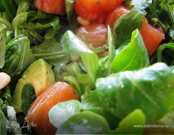 Корн-салат с авокадо и малосольным лососем Корн-салат с авокадо и малосольным лососем