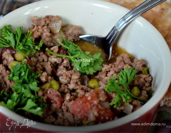 Фарш говяжий с зеленым горошком по-индийски Фарш говяжий с зеленым горошком по-индийски